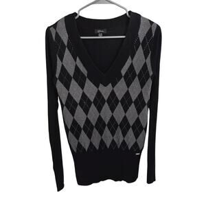 Guess Black, Gray and Silver Argyle V Neck Sweater - XL